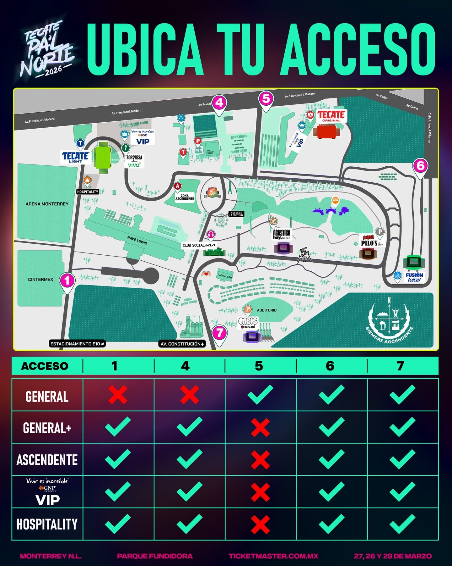 Tecate Pa'l Norte 2026 entrance guide by ticket type